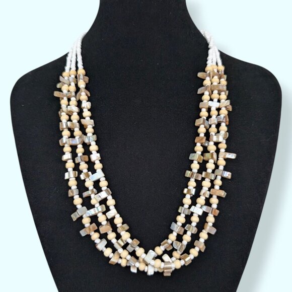 Vintage 3-Strand MOP & Wood Bead Necklace - Picture 2 of 5